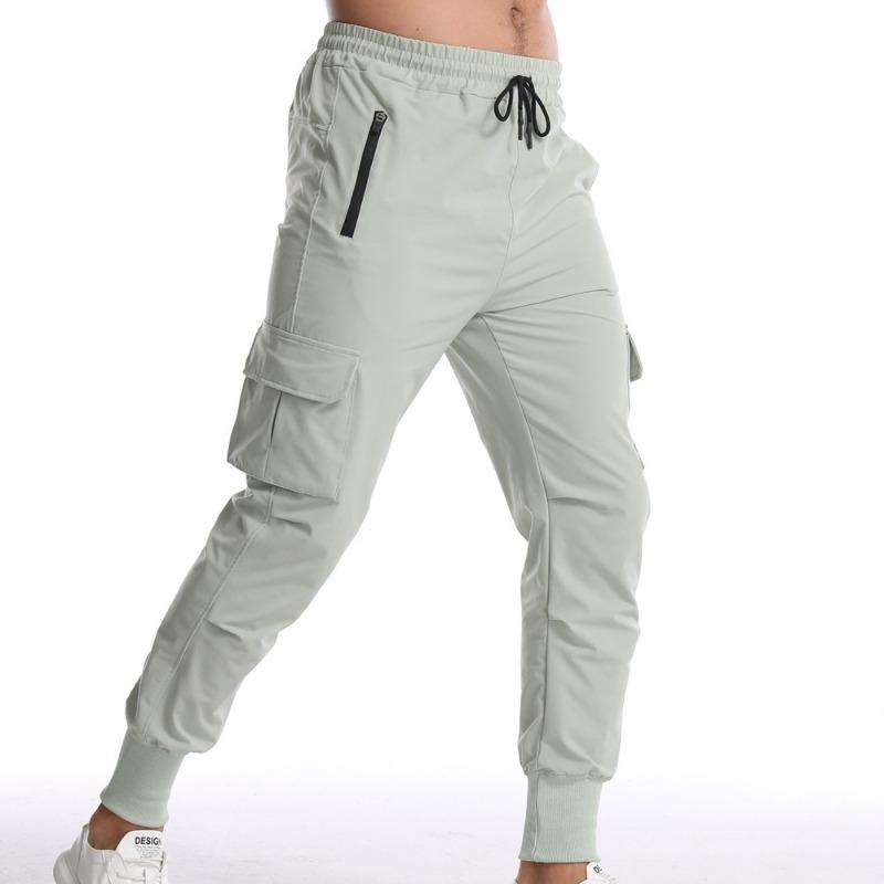 Men Elastic Waist Cargo Jogger Pants With Drawstring And Zipper Pockets