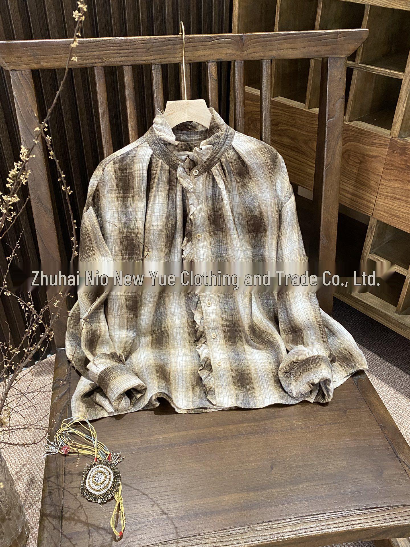 

Women s Japanese-Style Coffee Plaid Lace Single-Breasted Shirt - A Little Blue M