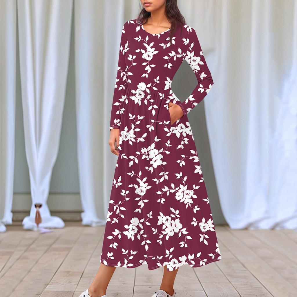 Dámské květinové šaty midi boho s přechodovým potiskem ležérní šaty s dlouhým rukávem splývavé, splývavé šaty s svátečními šaty do kapsy pro ženy