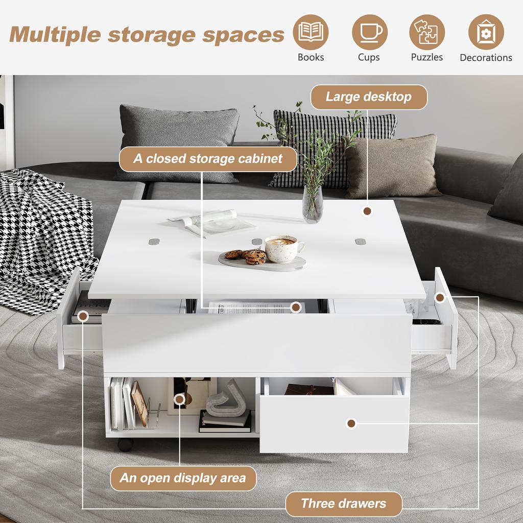 Coffee table, height-adjustable living room table, 3-in-1 multifunctional with casters, 4 drawers, convertible into dining table, white, 100x50x52cm