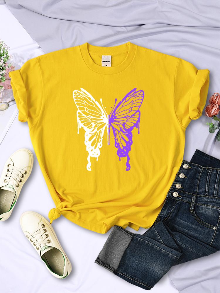 White And Purple Butterflies Personality Funny Print T-Shirt Women Summer Breathable Short Sleeve Soft Comfortable T Shirt Tees