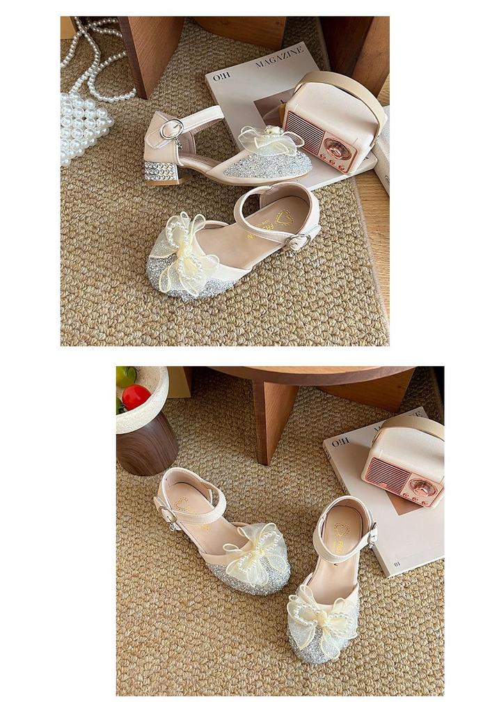 Girls' High-Heeled Closed-Toe Crystal Sandals with Soft Soles - Summer New Princess Leather Shoes.