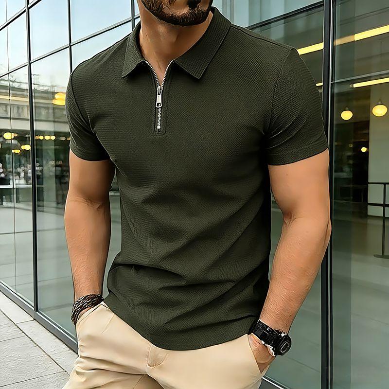 

Summer Men s Solid Zipper Polo Shirts Short Sleeve Breathable T-Shirt Contrast Color Casual Lapel Collar Streetwear Basic Top L армия зеленый