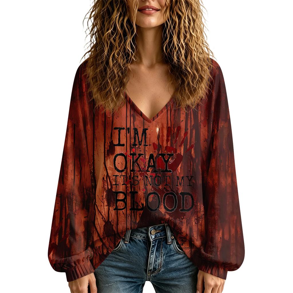 Women's V-Neck Halloween Fall Top for Seasonal Celebrations Comfortable Everyday Shirt