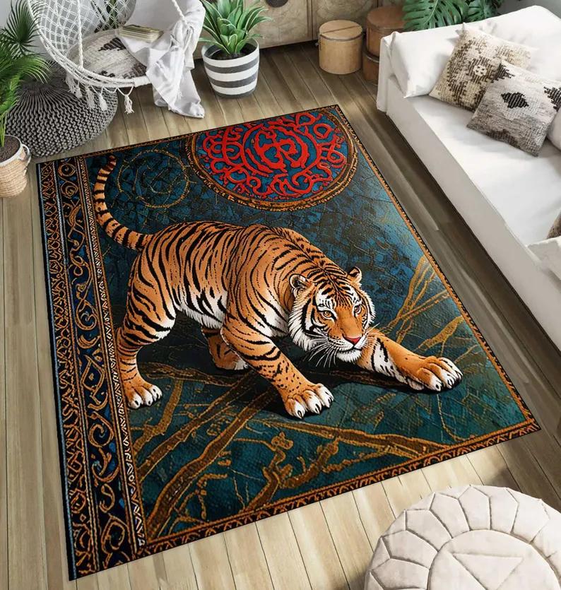 Black and WhiteTiger Rug Tufted Polyester Non-Slip Animal Living Room Bedroom Carpet Home Decoration Mat