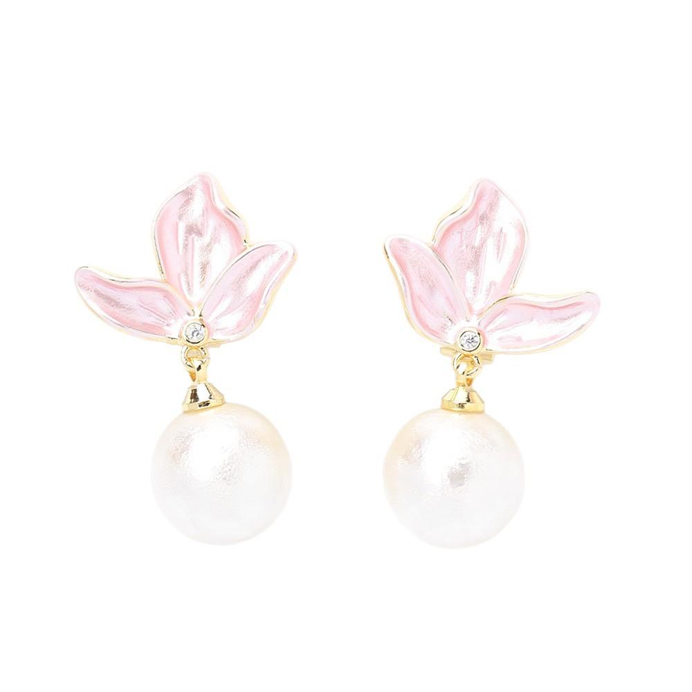 New pink oil drop petal earclips temperament versatile gold-plated imitation pearl earrings women's earless earrings earrings
