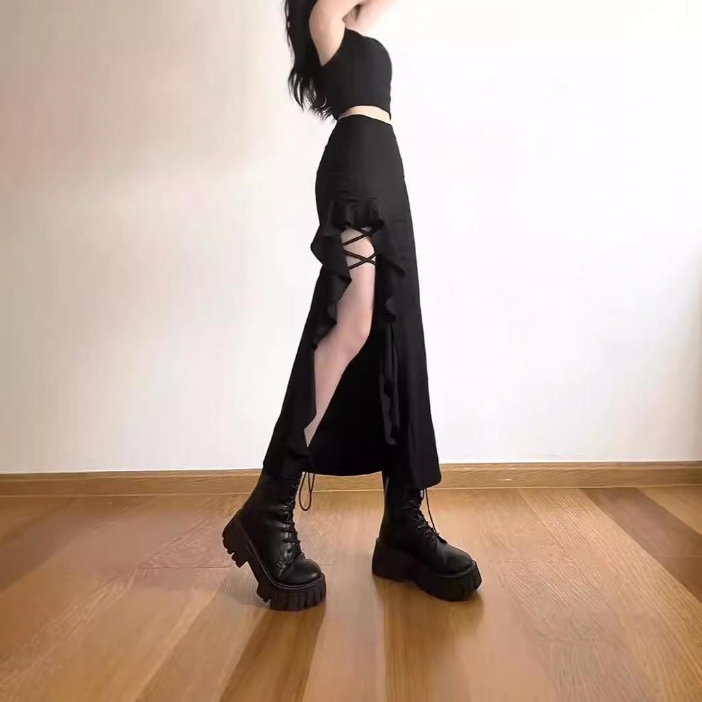Stylish High-Waist Irregular Tie Slit Skirt