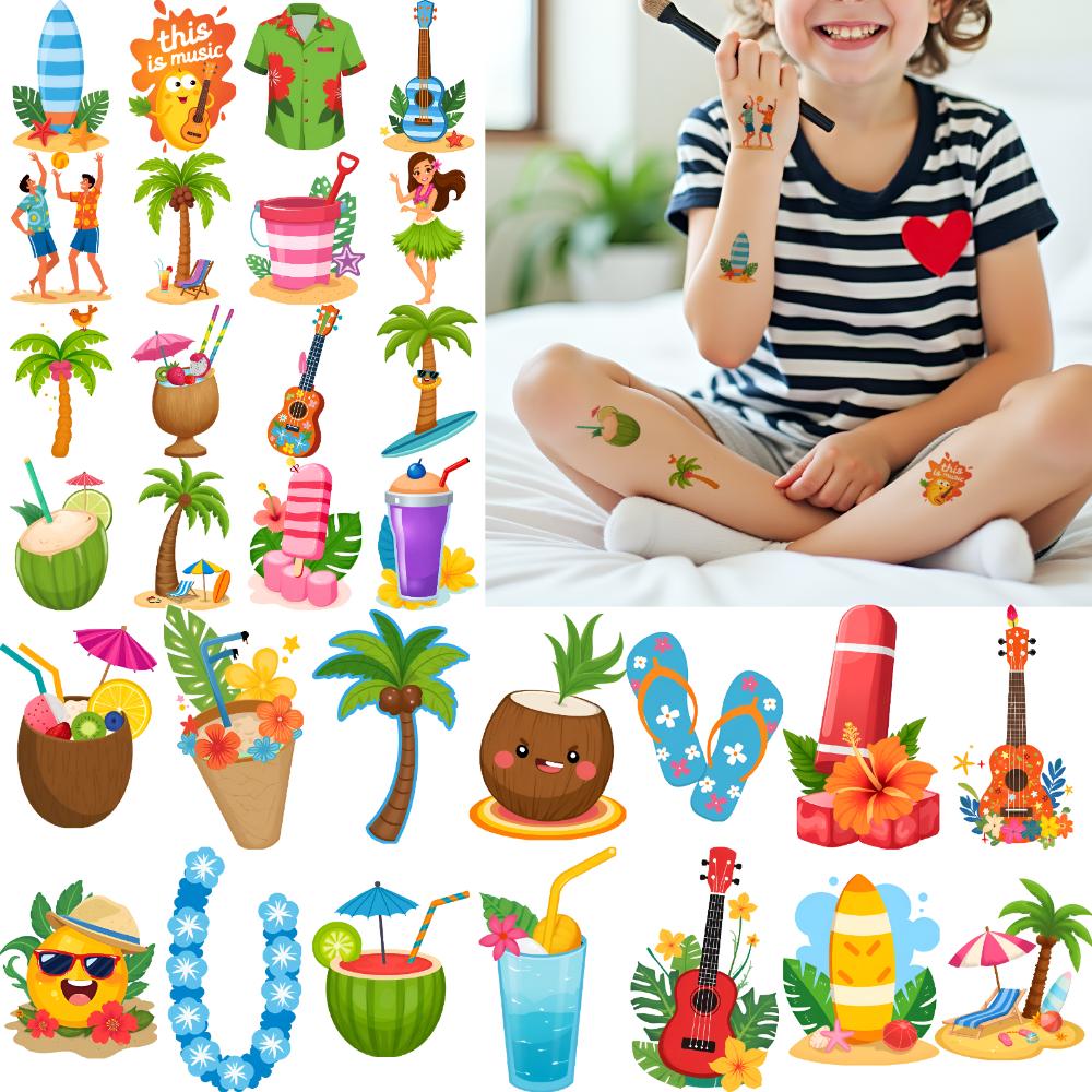 54pcs Temporary Tattoo Stickers Pineapple Hawaii Palm Tree Cartoon Cute body Art Sticker  Waterproof Semi-Permanent Fake Tattoo