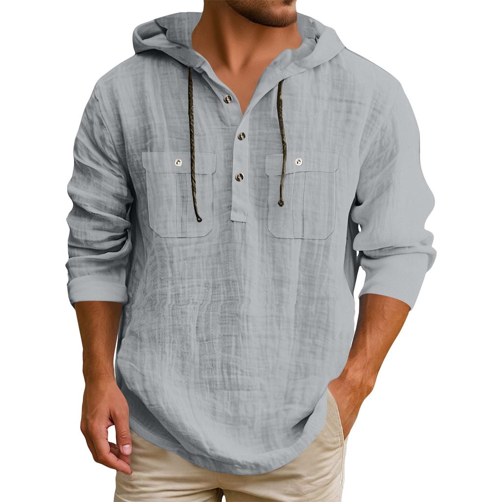 Men's Hooded T-shirt Solid Color Cotton And Linen Men's Casual Long-sleeved Top