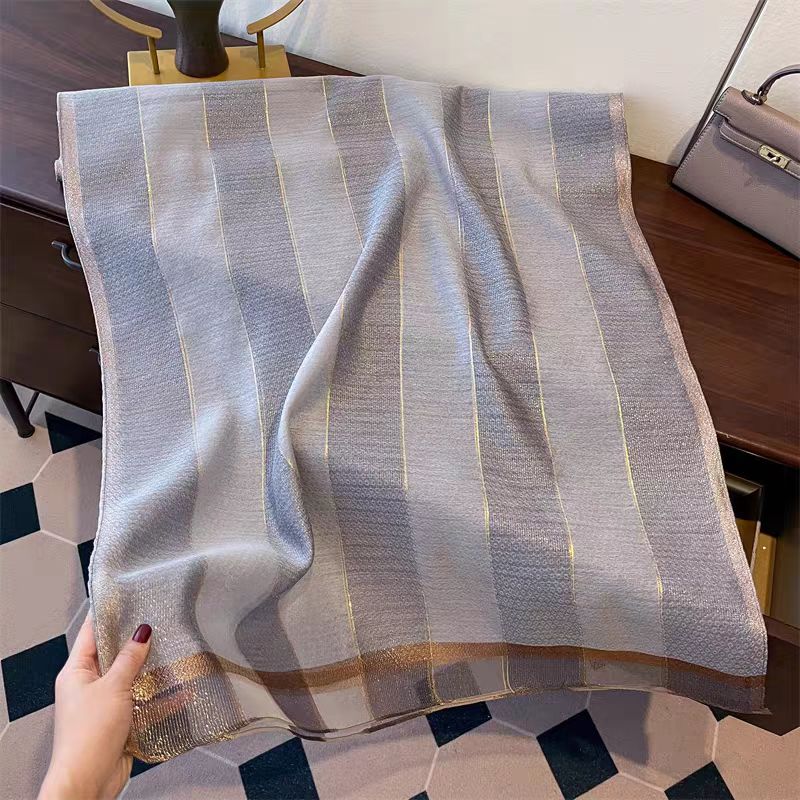 New Fashionable Women'S Gold Silk Scarf Long Versatile Faux Silk Scarf For Spring And Autumn Motorcycle Helmet Style