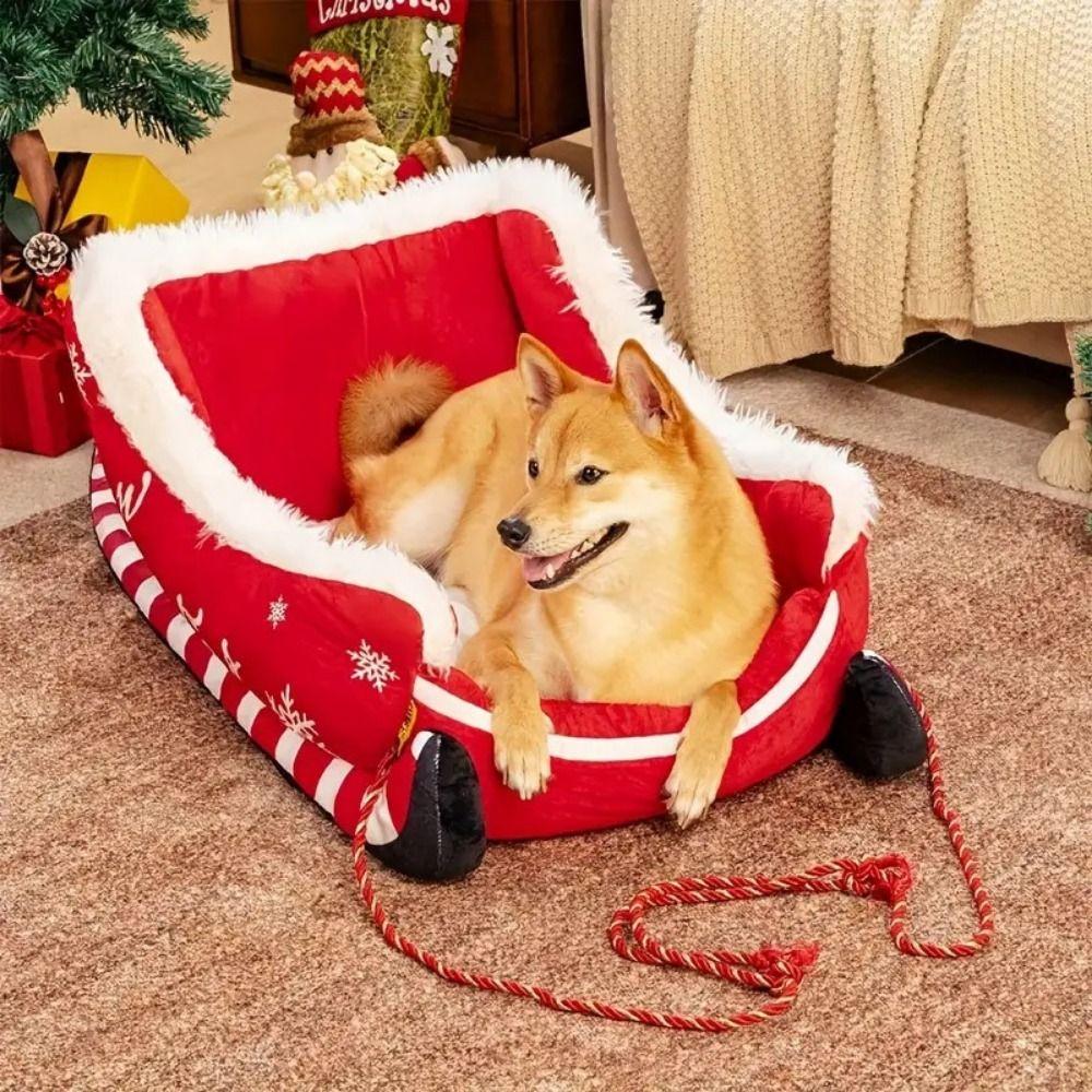 Cute Christmas Sleigh Pet Bed Removable Non-Slip Bottom Cat Dog Nest Washable Pet Warm Sofa Cat Dog