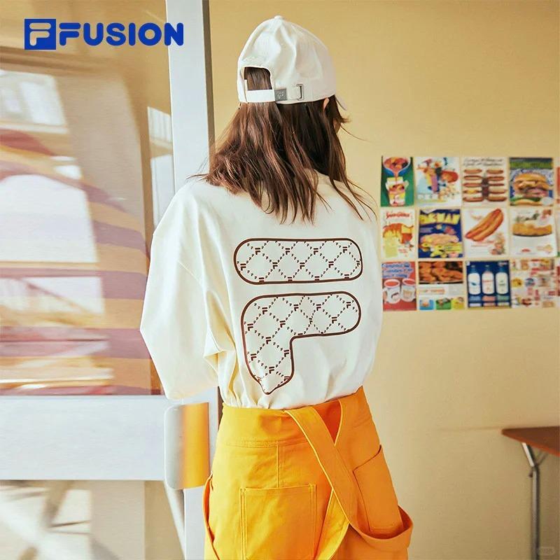 Fila Fusion QR Print Letter Round Neck Pullover Short Sleeve T-Shirt Unisex T-Shirt Antique-White T11U326102FIV