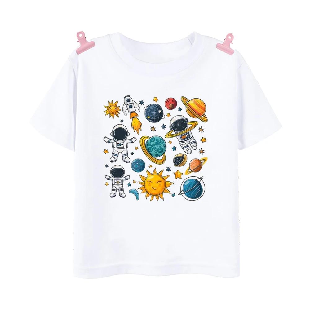 Space Planet Astronaut Cartoon Pattern Summer Childrens Tshirt Short Sleeved Round Neck Top Childrens Boys and Girls Clothing 100