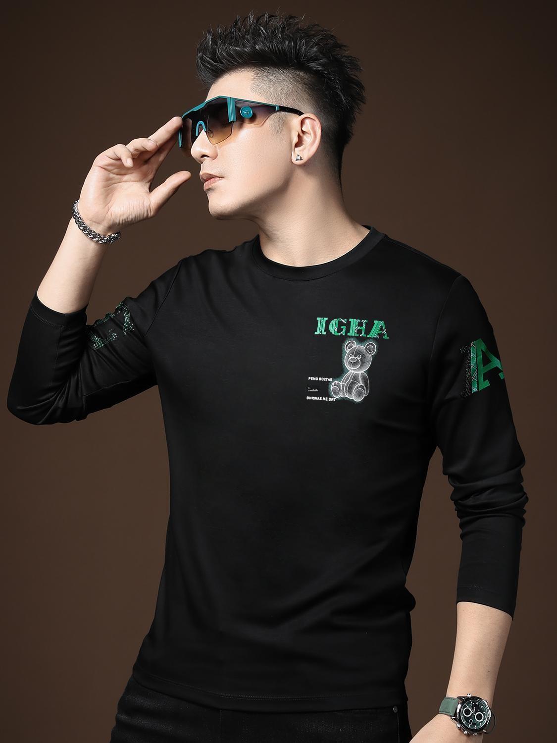 European Station 2025 New Trendy Brand Bear Print Long-Sleeve T-Shirt Men s Autumn Casual Round-Neck Base Shirt Tee XL чёрный