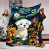 Puppy Sunflowers Outdoor Blanket, Soft And Comfortable Blanket, Casual Warm Outdoor Blanket, Camping Travel Blanket, Good Birthday Gift 1167
