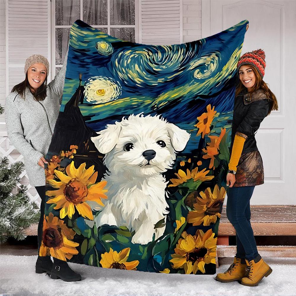 Puppy Sunflowers Outdoor Blanket, Soft And Comfortable Blanket, Casual Warm Outdoor Blanket, Camping Travel Blanket, Good Birthday Gift 1167