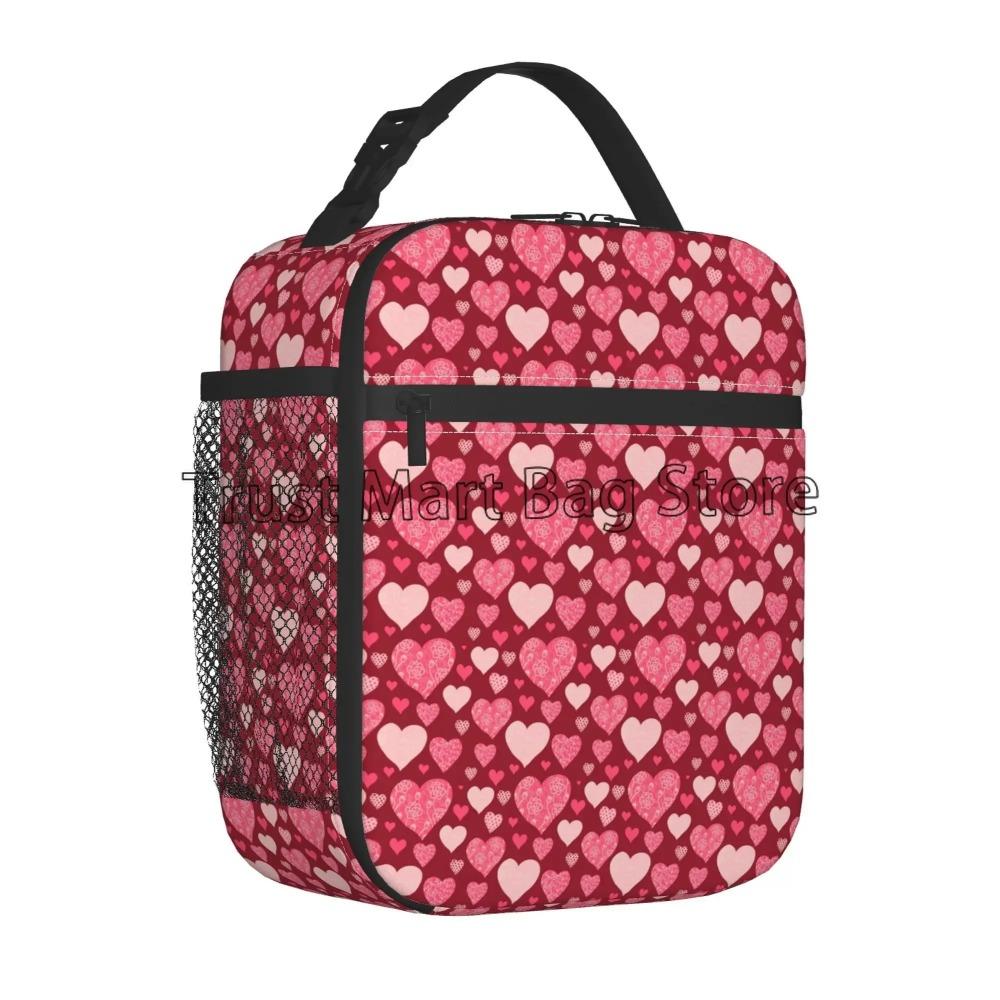 Red Pink Heart Insulated Lunch Bag for Women Romantice Love Heart Portable Reusable Thermal Lunch Box for Work Picnic Travel