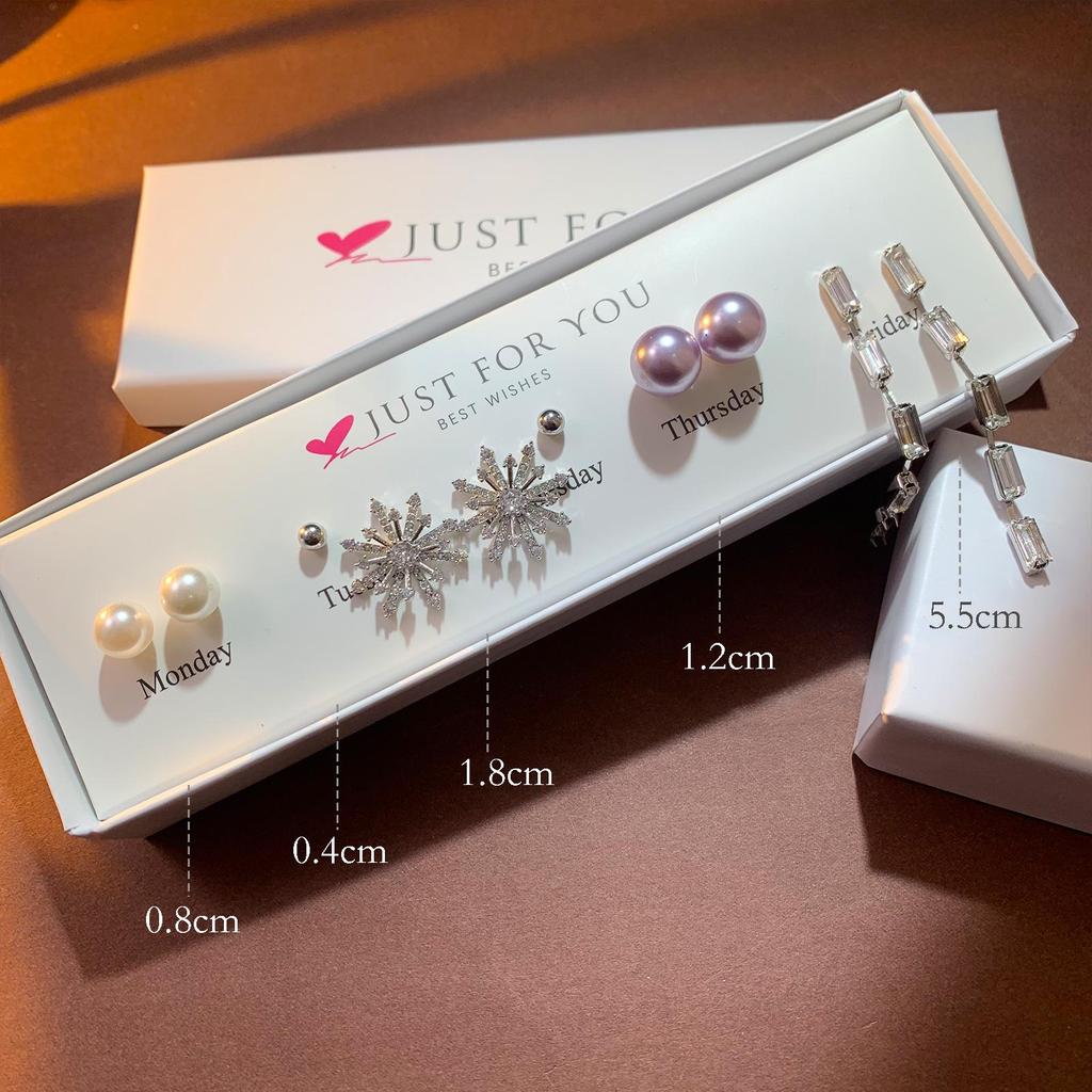 Weekly Earring Set: Flower Zircon Studs, Simple Ear Cuffs, Pearl Tassel French Earrings - 5 Pairs