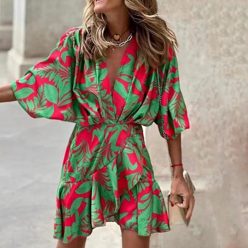 

Женское летнее повседневное цельное платье с глубоким V-образным вырезом и принтом до половины рукава M зелёный