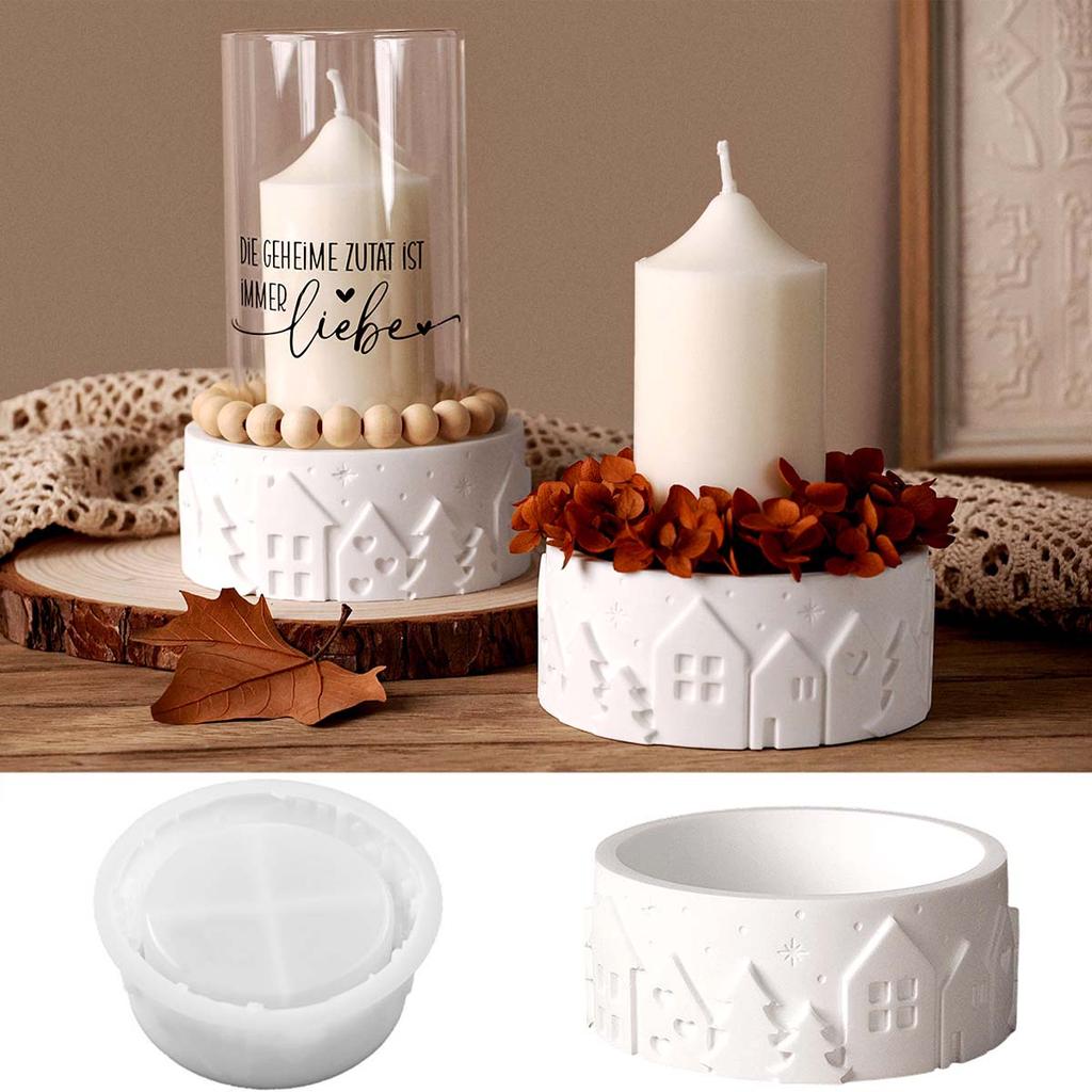 Runde Relief Haus Baum Kerzenbecher Silikonform DIY Aufbewahrungsbox Aromatherapie Gipsformen Beton Harz Bastelform Heimdeko