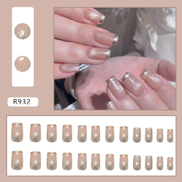 24x Glittering Acrylic Nail French Tip False Nail Simple Press On Nail Medium Square Full Cover Stick On Nail