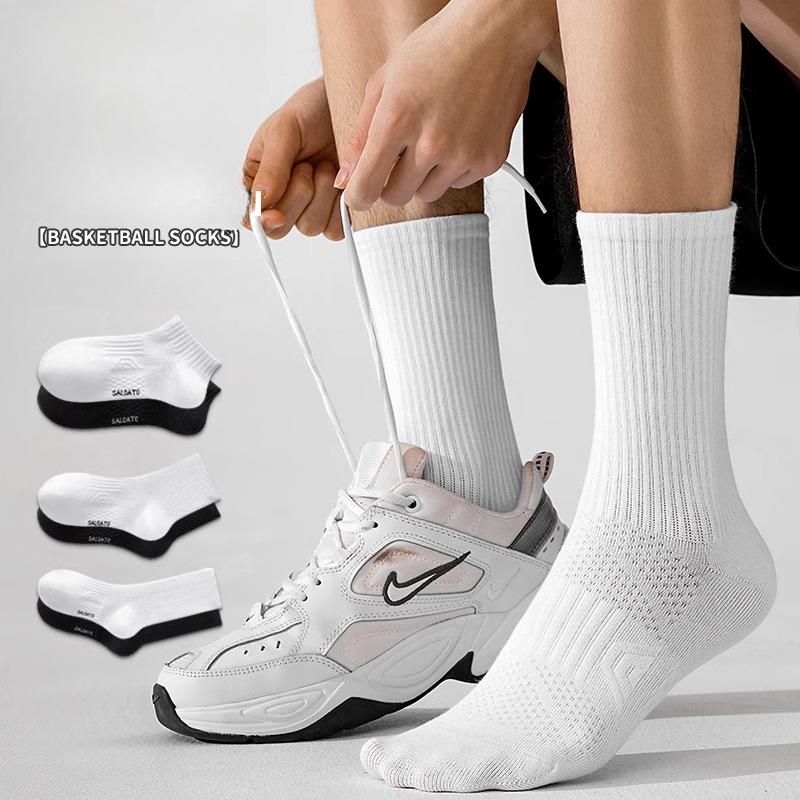 White Socks, Men's, Summer, Pure Cotton, Thin, Short Socks, Sweat Absorbing and Breathable, Sports Running, Teenagers, Basketball Mid Tube Socks