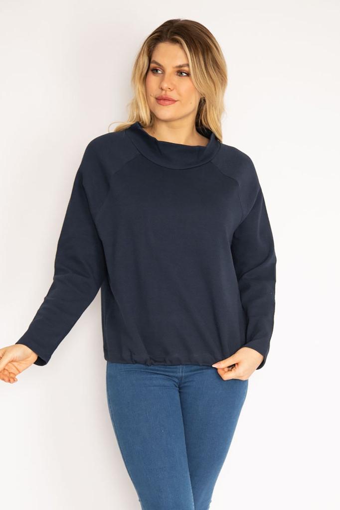 Damen Stil Übergröße Sweatshirt Plus Size Marineblau Raglanärmel Saum Ösenspitze Sweatshirt