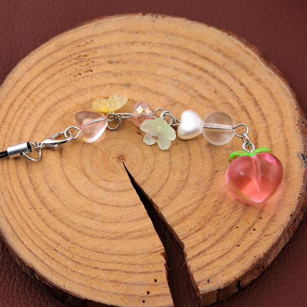 Simple Love Peach Flowers Cell Phone Lanyard Teenage Girl Love Peach Beads Small Fresh Keychain Lanyard