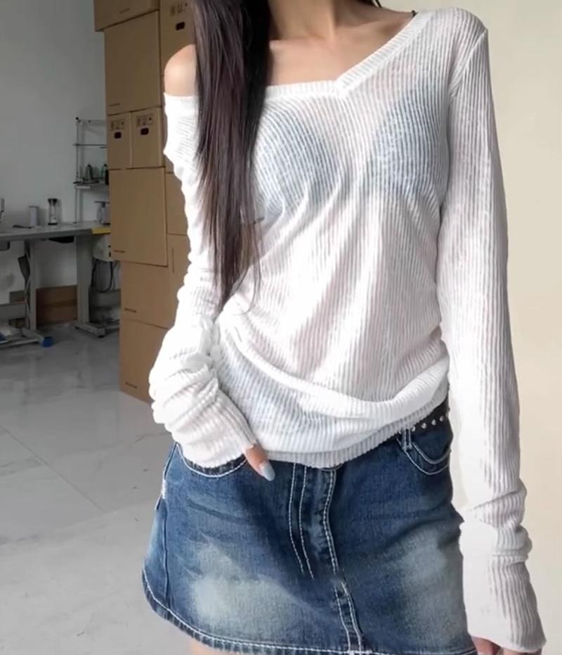 Mesh Long Sleeve Women Black T-shirts Vintage Streetwear Casual Slim Up Solid Tops Bottoming Shirt