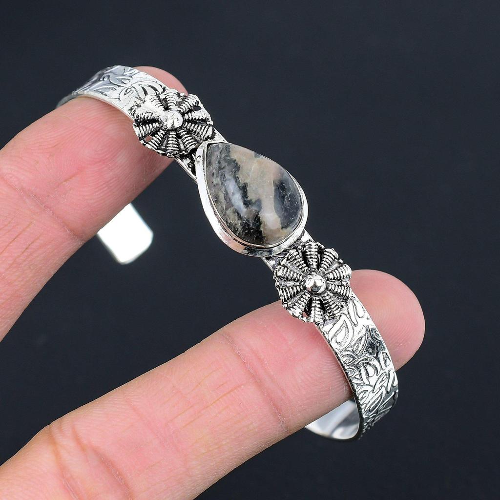 Womens day Sale Pear Natural Spider Web Jasper Sister Bangle Bracelet 925 Silver