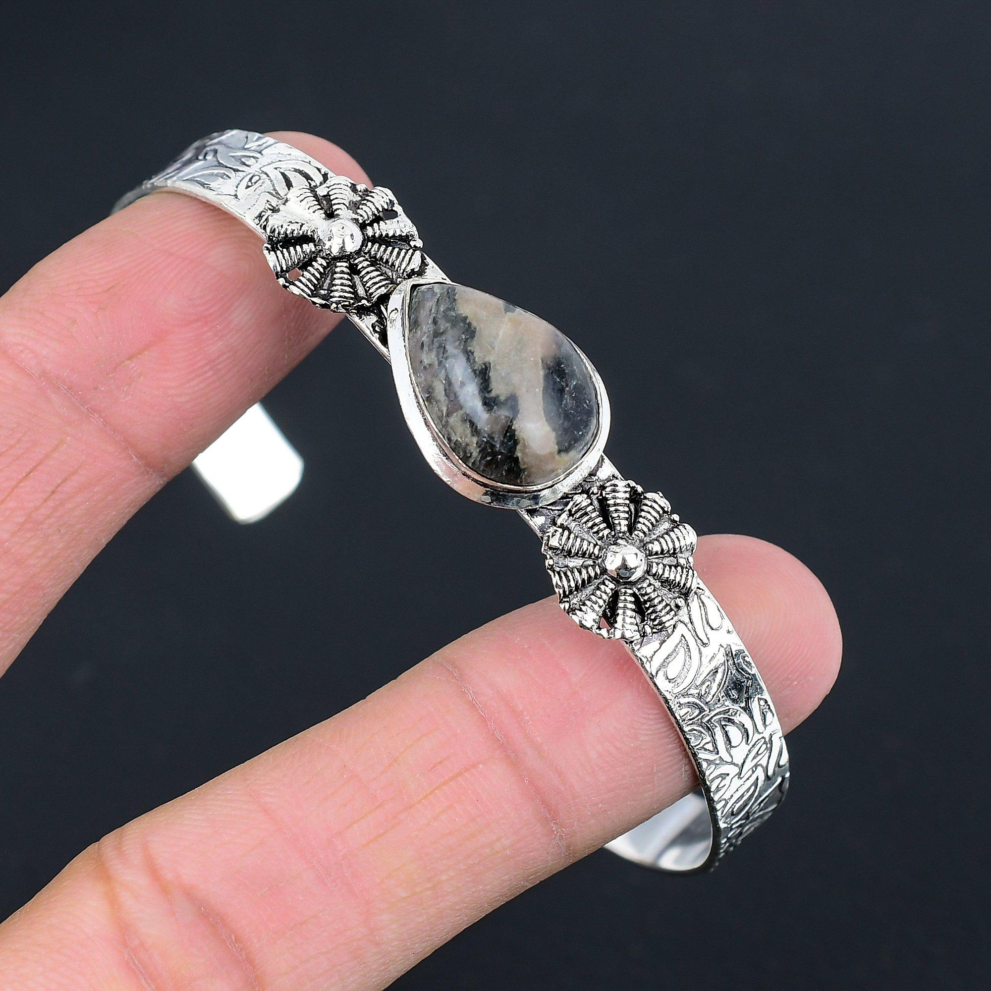 

Womens day Sale Pear Natural Spider Web Jasper Sister Bangle Bracelet 925 Silver Adjustable