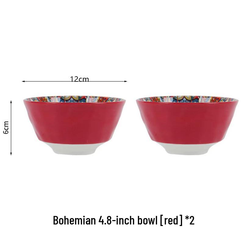 Bohemian Ceramic Rice Bowl Set - High-Temp Resistant, Colorful Underglaze Design