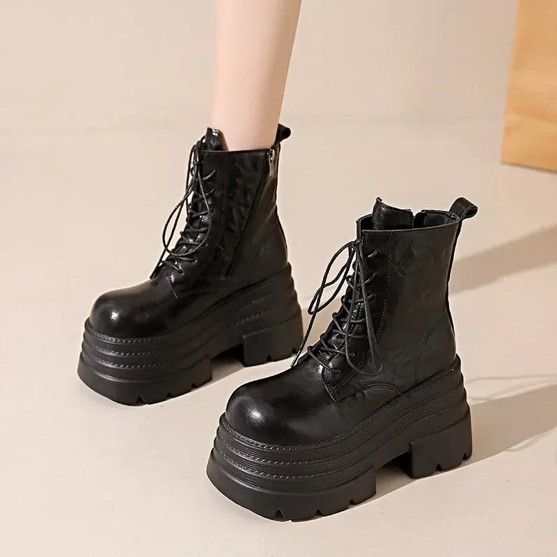 Women Boots New Winter Motorcycle Boots 10.5cm Wedge Heels High Platform Leather Chunky Shoes Woman Autumn Thick Sole Punk Boots