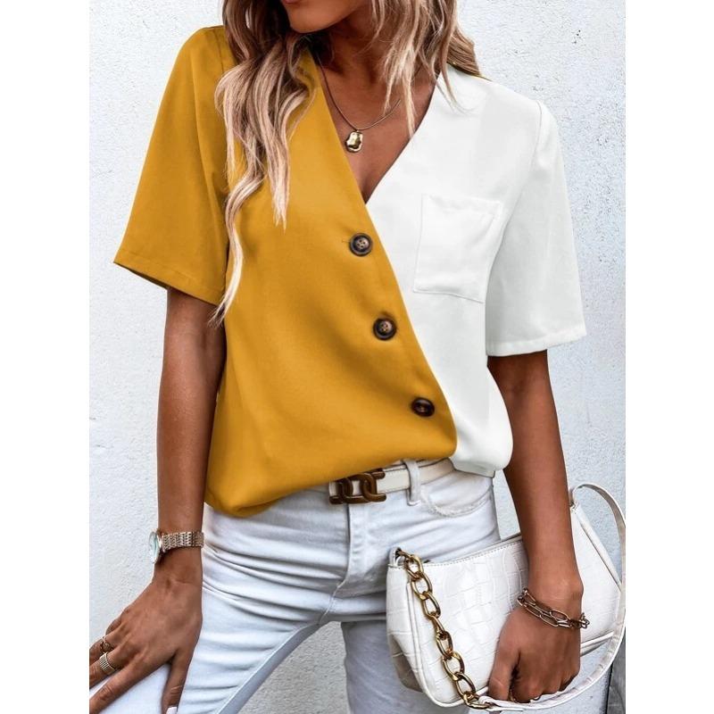 QICED Women s Fashion Casual V-Neck Short Sleeve Blouses & Shirts S