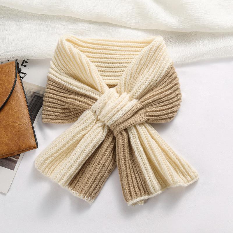 Eșarfă scurtă pentru femei, toamnă/iarnă, tricotată în cruce, ediție coreeană, blocată în culori, versatilă, căldură de iarnă, protecție pentru gâtul leneș