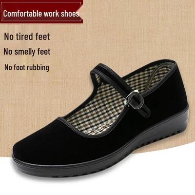 Chaussures en tissu noir style Vieux Pékin pour femmes - Une bride, Antidérapantes, Idéales pour le travail, la danse et le confort quotidien.
