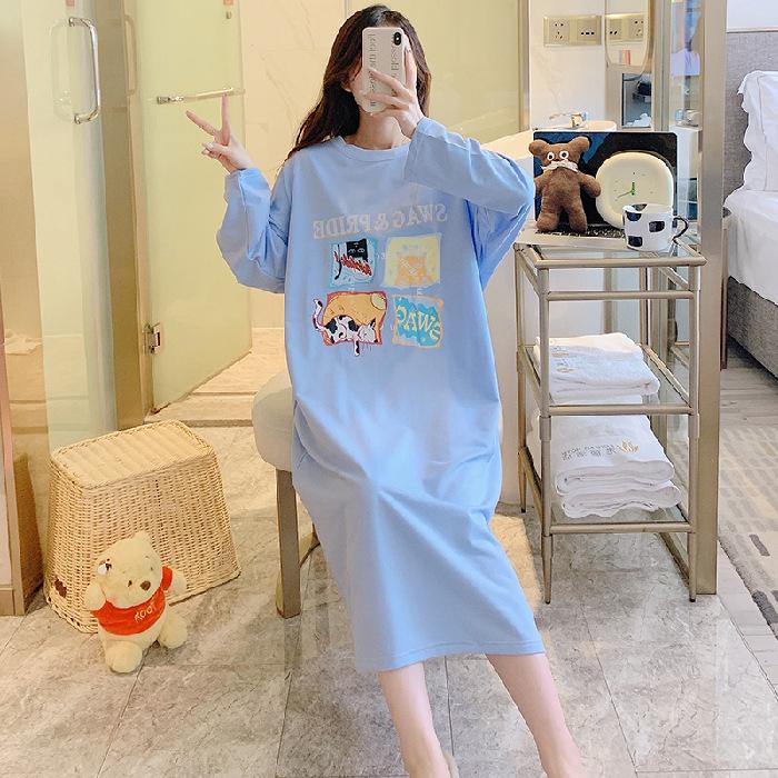 

Симпатичные пижамы Ins с длинными рукавами для женщин - весна/осень, большие размеры (До 300 фунтов), Ночная рубашка средней длины 5XL