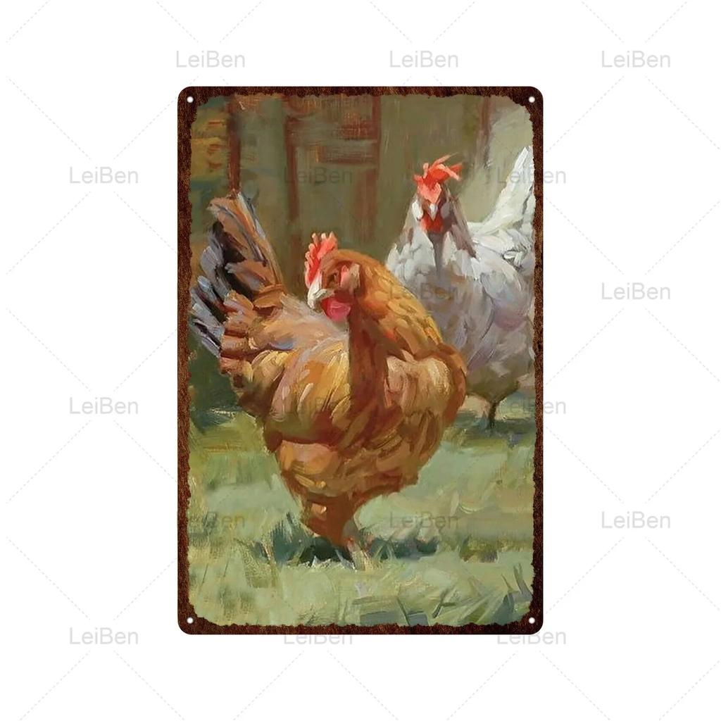 Kyckling Vintage Metallplåtskyltar Kyckling Tupp Höna Ägg Gård Staket Skylt Retro Plakett Dekorativ Plåt för Gårdstallrik Heminredning