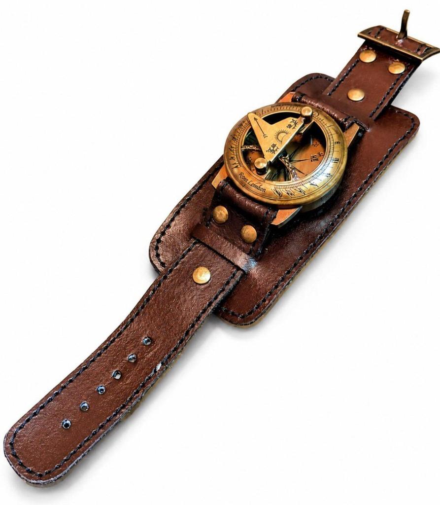 Handgefertigte Messing-Sonnenuhr-Armbandkompass-Uhr, Nautisches Lederarmband, Maritime Sammlerstück, Maritimes Armbandzubehör