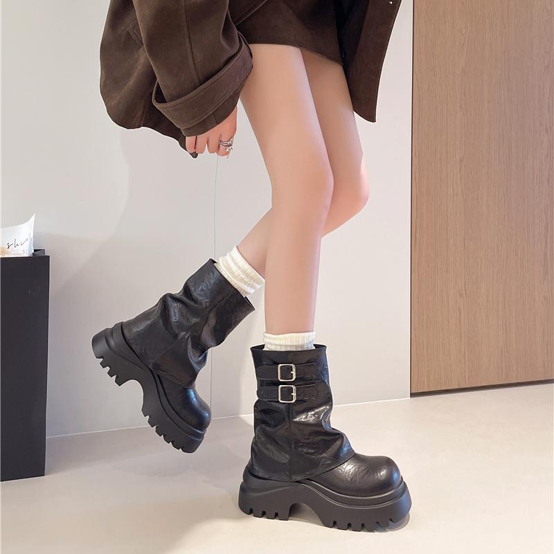 Fashion Shoes for Women New Mid-Calf Boots 10CM High Platform Modern Boots Belt Buckle Punk Shoes Female Leather Motorcycle Boots