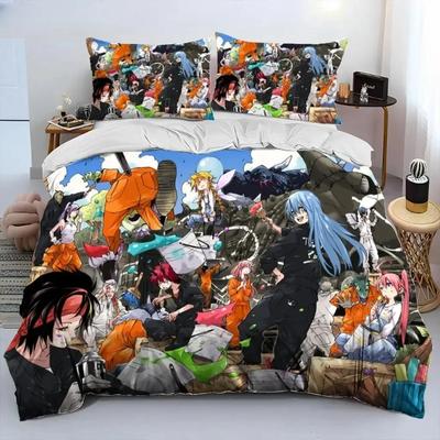 3D-Anime-Bettwäscheset „Ich wurde als Schleim wiedergeboren“ – bedruckt mit Bettbezug, Kissenbezug und Leinenlaken.
