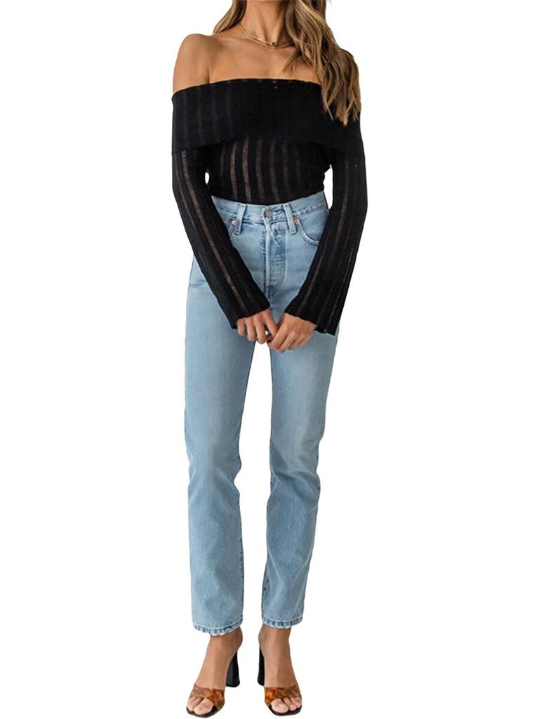Women Y2k Fairy Off Shoulder Long Sleeve Top Tee Slim Fitted Crop Tops Basic T-Shirts Pullover Blouse Streetwear