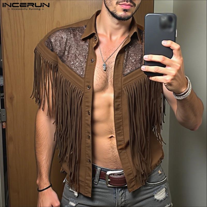 INCERUN Men Short Sleeve Glitter Tassel Patchwork Buttons Casual Tops T-shirts