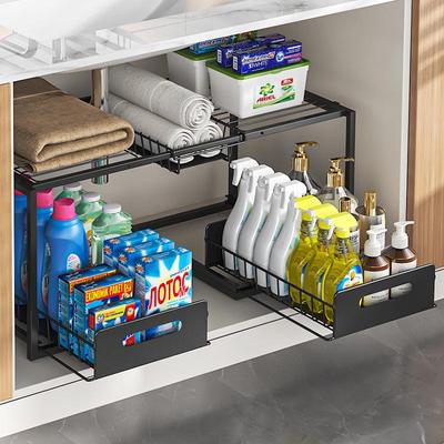 Double Layer Retractable Sink Organizer for Pots, Pans, and Bathroom Cabinets