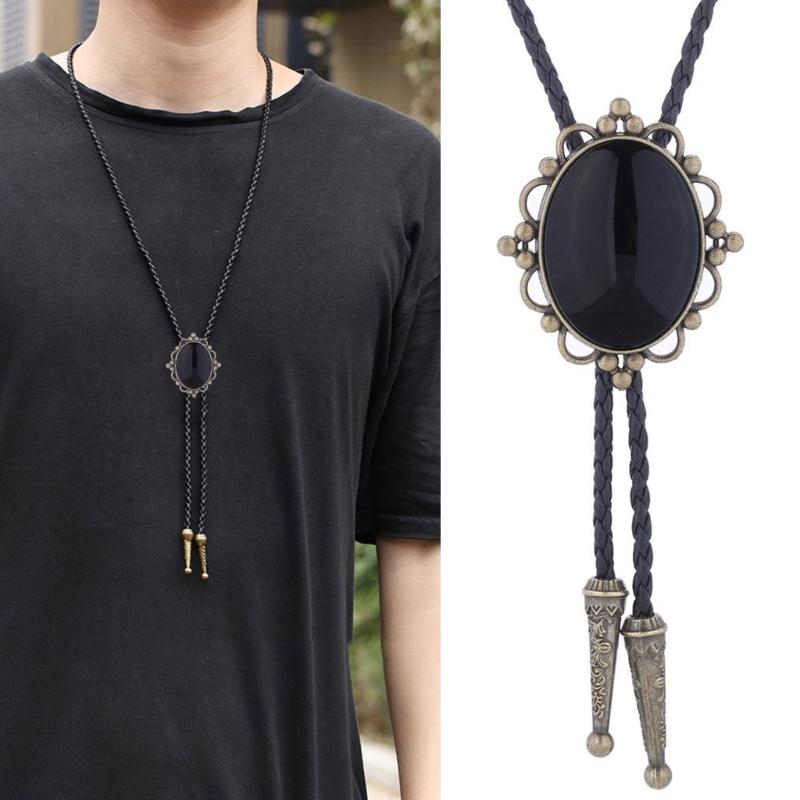 Handmade Vintage Jewelry Bolo Tie for Women Men Western Cowboy Artificial Leather Rope Necktie with Oval Stone Pendant