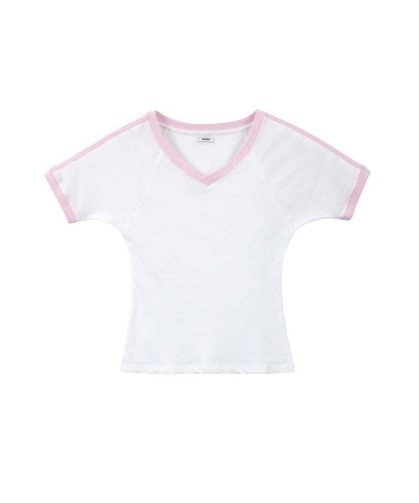 LOTSYOU Lotsyou_V Neck Ringer T-Shirts Light Pink