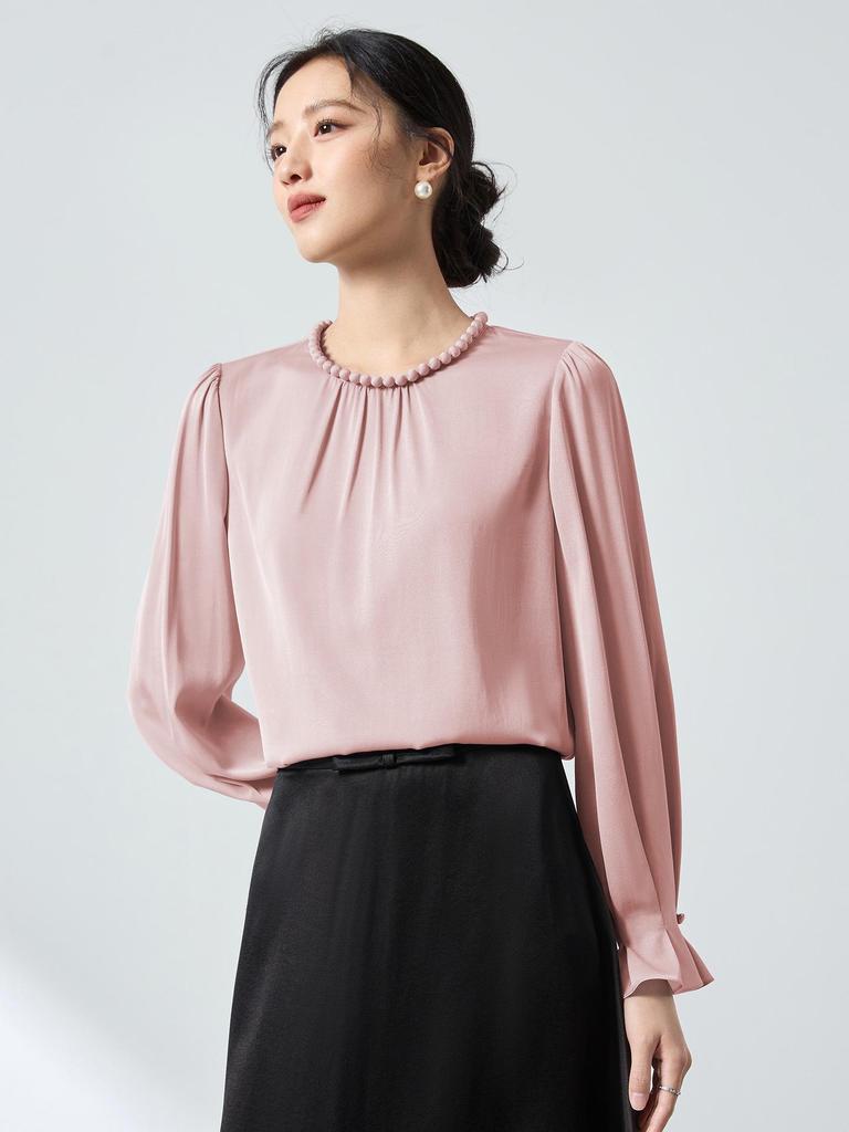 Original Mulberry Silk Stylish Beaded Double-Layer Breathable Top - Versatile Spring Commute High-End Shirt 2026