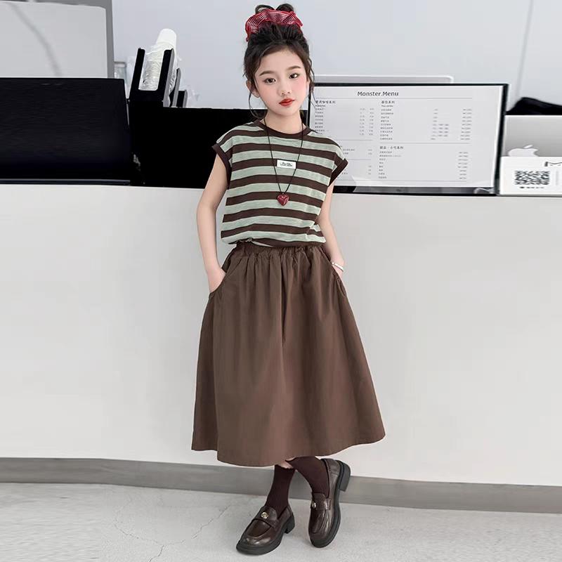 

Children s Sets Girls Summer Set Stripe Tee Midi Skirt Fashion 2-Piece Outfit 170
