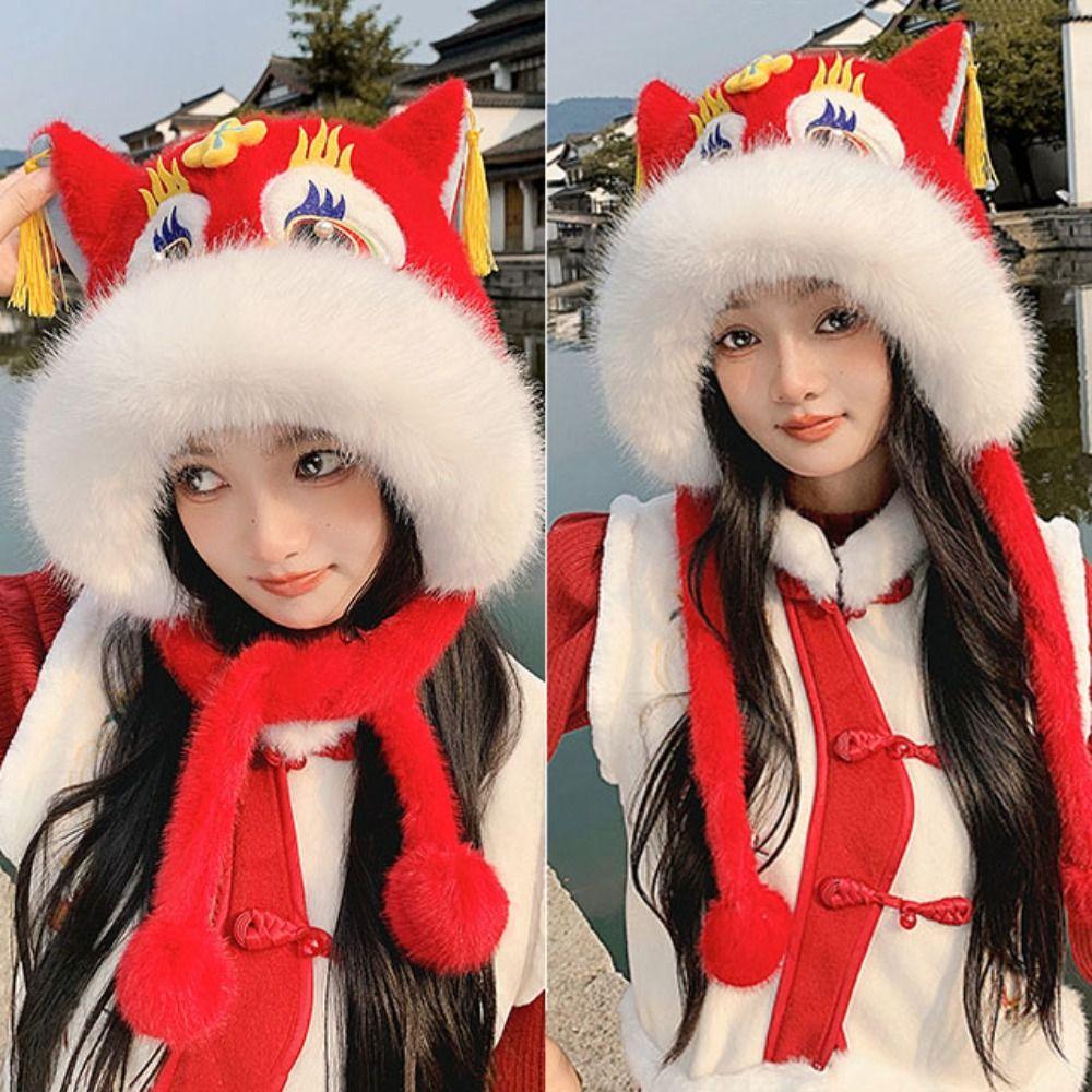 Ear Muffs New Year Pullover Cap Lace Up Winter Plush Warm Hat Lion Dance Beanies Hat Outdoor