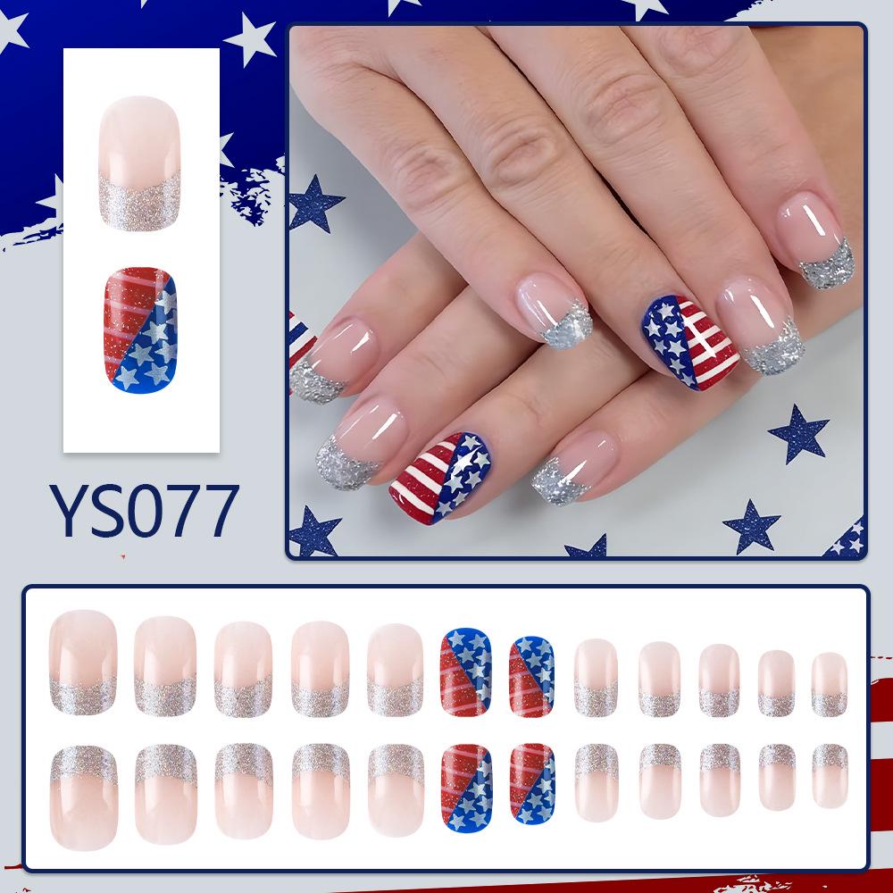 24-Piece French Silver Glitter Glossy False Nail Set with Art Stickers for Independence Day